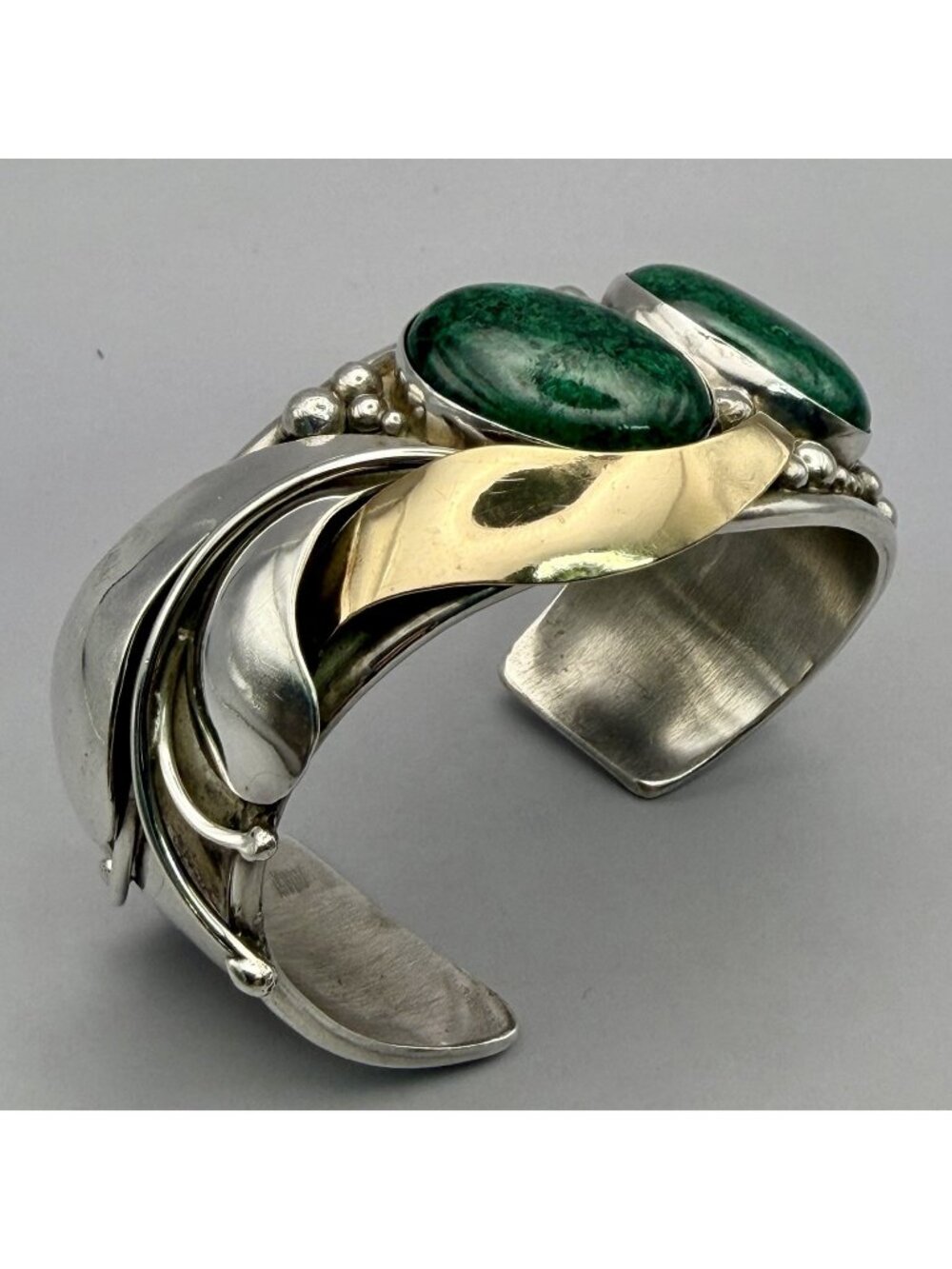 Modernist Studio Organic Cuff Bracelet Malachite Signed LC Sterling Silver Brass